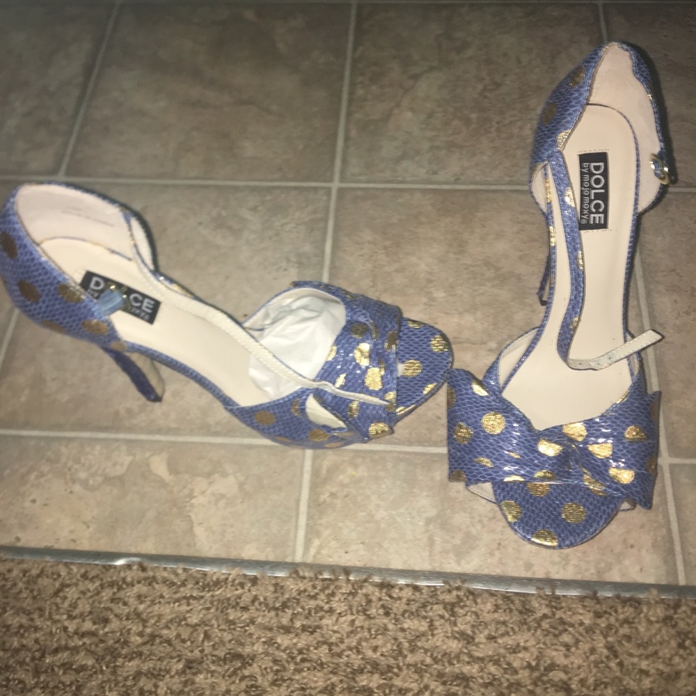 Blue and Gold polka dotted heels
